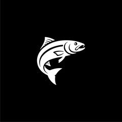 A leaping white fish, stylized graphic design, on black background.