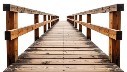 Wooden bridge with railing extending forward, showing natural texture and warm tones