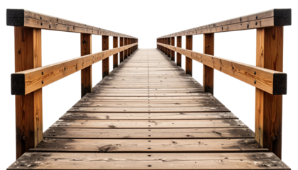 Wooden bridge with railing extending forward, showing natural texture and warm tones