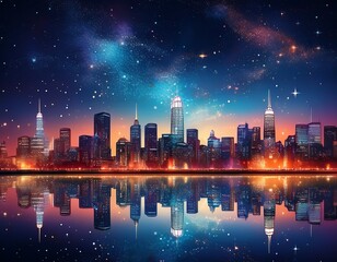 night cityscape reflecting on calm waters under a starlit sky