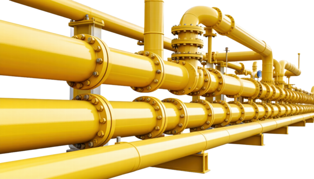 Yellow industrial pipeline system with multiple connected pipes and valves