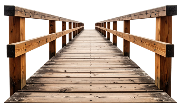 Wooden bridge with railing extending forward, showing natural texture and warm tones
