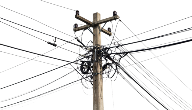 Electric pole with tangled wires and cables creating complex network of connections