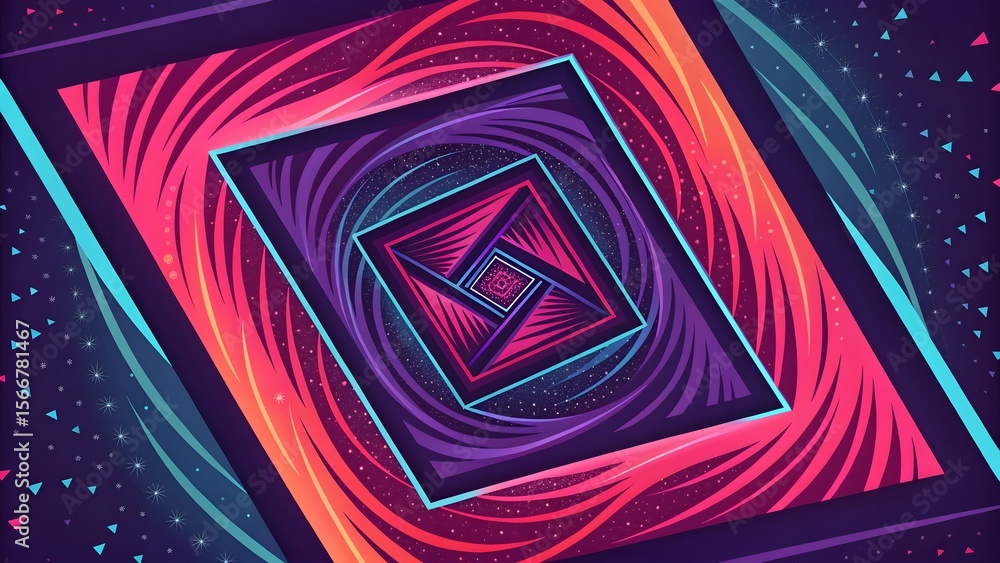 Poster abstract square tunnel with vibrant colors and star patterns creating a cosmic perspective view
