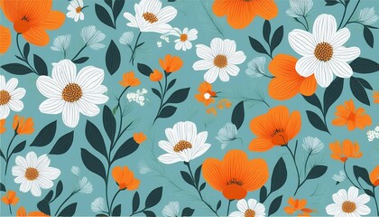 seamless floral pattern of orange and white flowers on light blue background for wallpaper or fabric