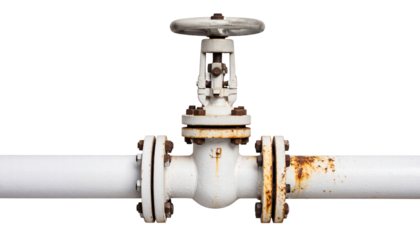 White metal pipe valve with rust and corrosion on transparency background
