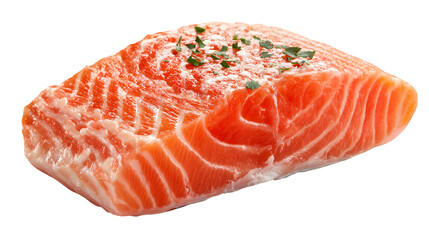 Fresh salmon fillet, vibrant orange and pink, rests against a transparent background, garnished with herbs, perfect for culinary projects