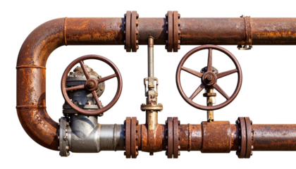 Rusty metal pipe with two valve wheels and industrial connection parts