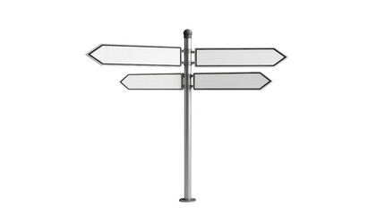Blank directional signpost with four empty white arrow signs on metal pole