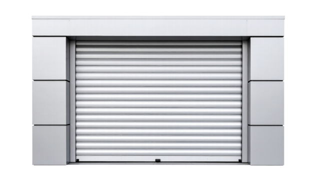 White metal garage door with horizontal panels and modern frame
