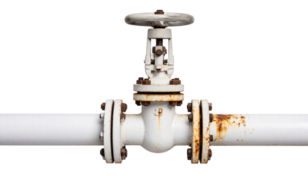 White metal pipe valve with rust and corrosion on transparency background