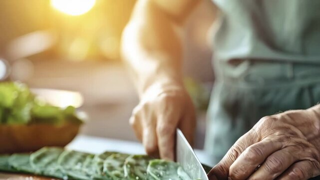Professional chef hand chopping green nopales on rustic wooden cutting board, preparing traditional Mexican vegetable cuisine