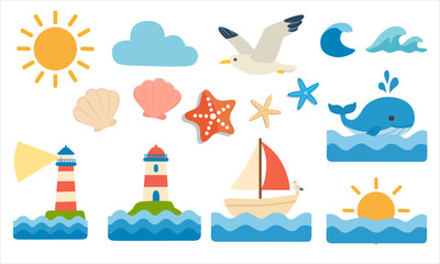Sea and summer tropical elements vector set. Flat cartoon set of summer nature, lighthouse, sailboat, sun, clouds, seagull, waves, starfish, seashells, and whale. Summer sea elements clipart set.