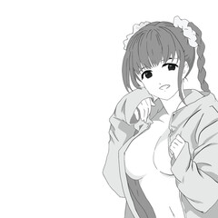 kawaii cute girl with jackets smiling handdrawn balck and white
