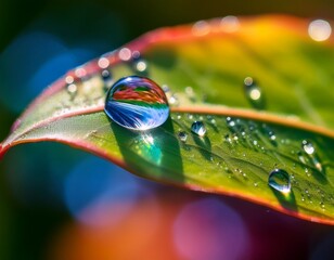 macro photo of a dewdrop on a green leaf reflecting rainbow colors with soft bokeh background and detailed leaf texture