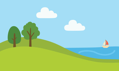 Fototapeta premium Summer nature landscape vector with meadow and sea. Summer scene clipart. Flat vector in cartoon style isolated on white background. Outdoor landscape.