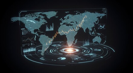 Futuristic World Map with Data Visualization and Glowing Center, Digital Concept.