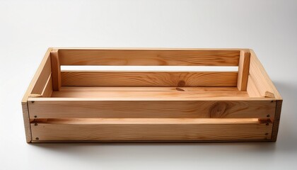 a simple unfinished wooden crate rectangular and empty sits on a white surface