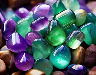 close up of vibrant green and purple tumbled crystals