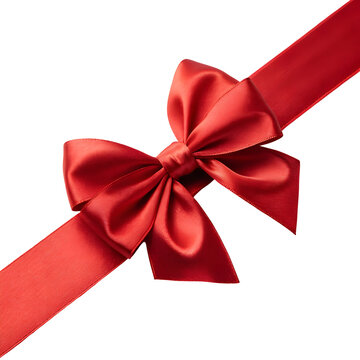 Shiny red satin bow tied on a diagonal ribbon isolated on a transparent background silk