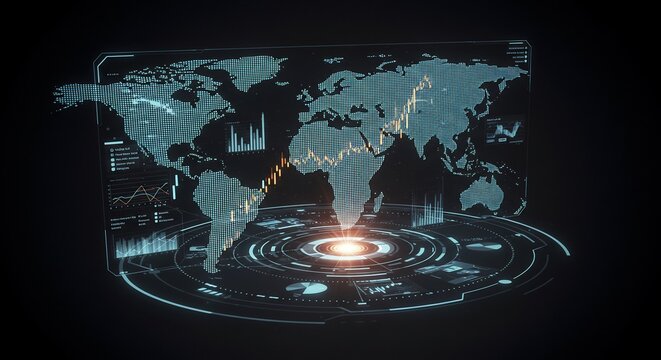 Futuristic World Map with Data Visualization and Glowing Center, Digital Concept.