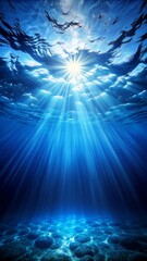 Underwater Serenity: Sunbeams Illuminate Ocean Floor, Peaceful Blue Tones, Dramatic Lighting, Tranquil Seascape