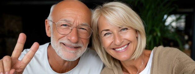 Happy senior couple takes a joyful selfie together at home while making peace signs, enjoying a cozy moment filled with love and laughter
