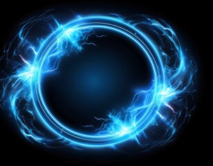 electric blue hologram isolated on transparent circles lightning round frame with plasma portal layer overlay on black