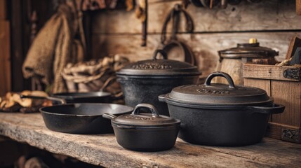 A set of cast-iron skillets and pots on a rustic wooden table, highlighting their durable design and traditional cooking style in a cozy, homey kitchen setting.