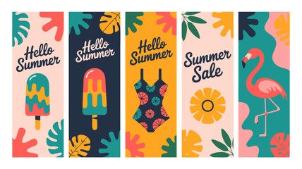 Flamingo pool float, summer banners with ice cream, swimsuits, flamingos. Perfect for social media posts, website headers, summer promotions.