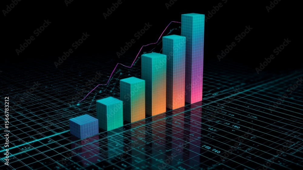 Poster a sleek d bar graph with a gradient color scheme, rising above a digital grid background