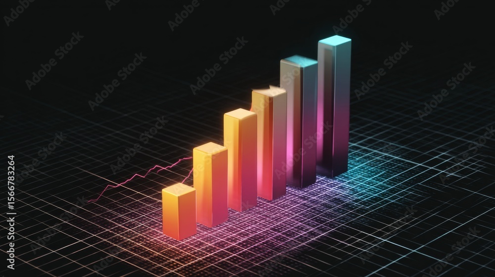 Poster a sleek d bar graph with a gradient color scheme, rising above a digital grid background
