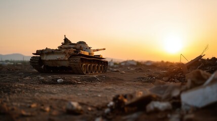 Silhouette of Burnt Tank in Sunset Battlefield