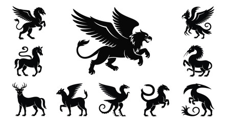 Silhouettes of mythical fantasy creatures including dragons, griffins, unicorns, and phoenixes in various poses on black background