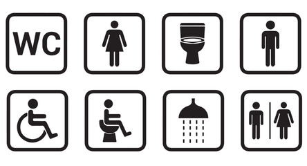 Washroom signs. Restroom or toilet door sign set containing gents, ladies, disabled, baby changing. Printable sticker. Vector illustration