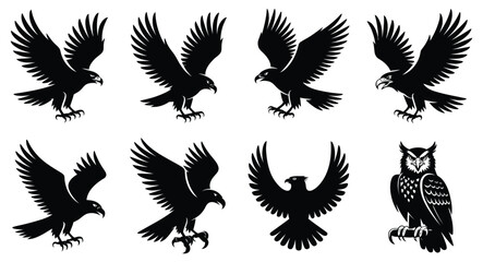 Silhouettes of flying birds including eagles and an owl in dynamic poses, perfect for design, logos, tattoos, and wildlife illustrations