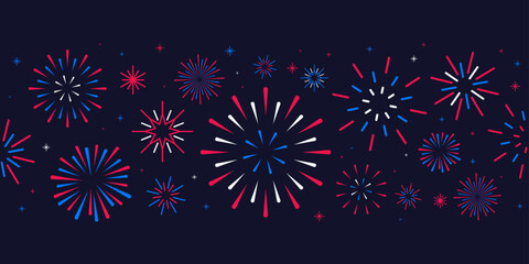 Modern simple line art fireworks set, geometric sparkle celebration background banner design vector, copy space for 4th of July, Christmas, New Year, Holiday, Veterans day, Presidents day, Labor day