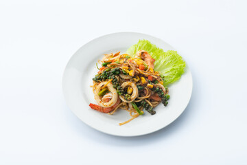 Spicy spaghetti with prawns and squid