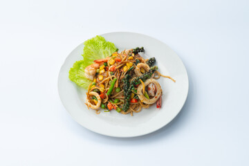 Spicy spaghetti with prawns and squid