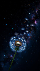 Dandelion Seeds Drifting Through a Cosmic Dreamscape Evoking Whimsy and Wonder with Delicate Details and Celestial Backdrops