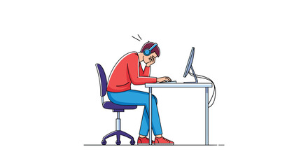 Fototapeta premium A focused programmer wearing headphones concentrates vigorously while working on a computer project in a modern office setting