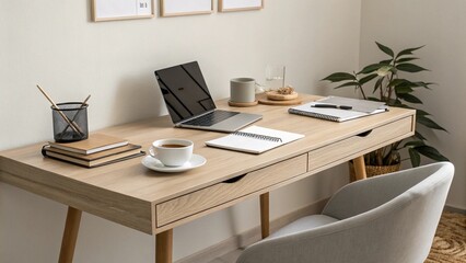Cozy and Functional Home Office Desk with Laptop and Coffee in Kyiv