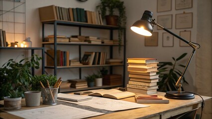 Cozy Study Corner with Books and Warm Lamp Light in Kyiv