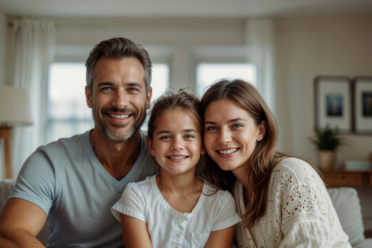 A family of three, a man, a woman and a child, are smiling and posing for a picture