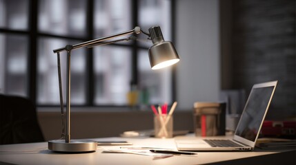 A stylish desk lamp with a sleek metallic base and adjustable arm, casting a warm glow over a modern office desk with a laptop and stationery.
