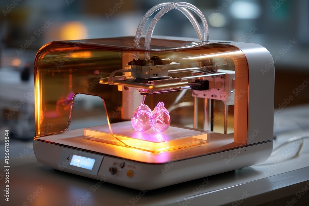 Poster 3d bioprinter creating heart models in a laboratory setting during daylight hours