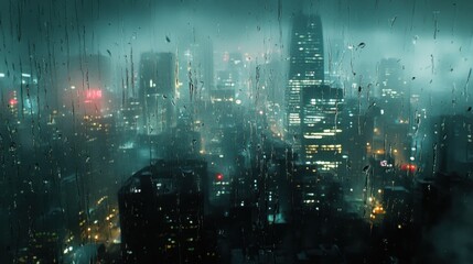 Rainy Night Cityscape Through Window