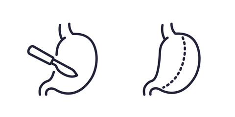 gastric surgery, gastrectomy line icons on white