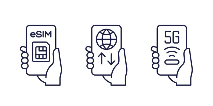 Esim, Data roaming and 5g line icons with a mobile phone