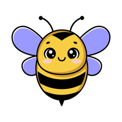 Cute bee vector of a cartoon bee with wide smile, blush cheeks, and large violet wings
